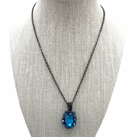 BLUE oval Crystal bezeled pendant necklace Antique bronze Handmade by OilNana - Picture 2 of 4